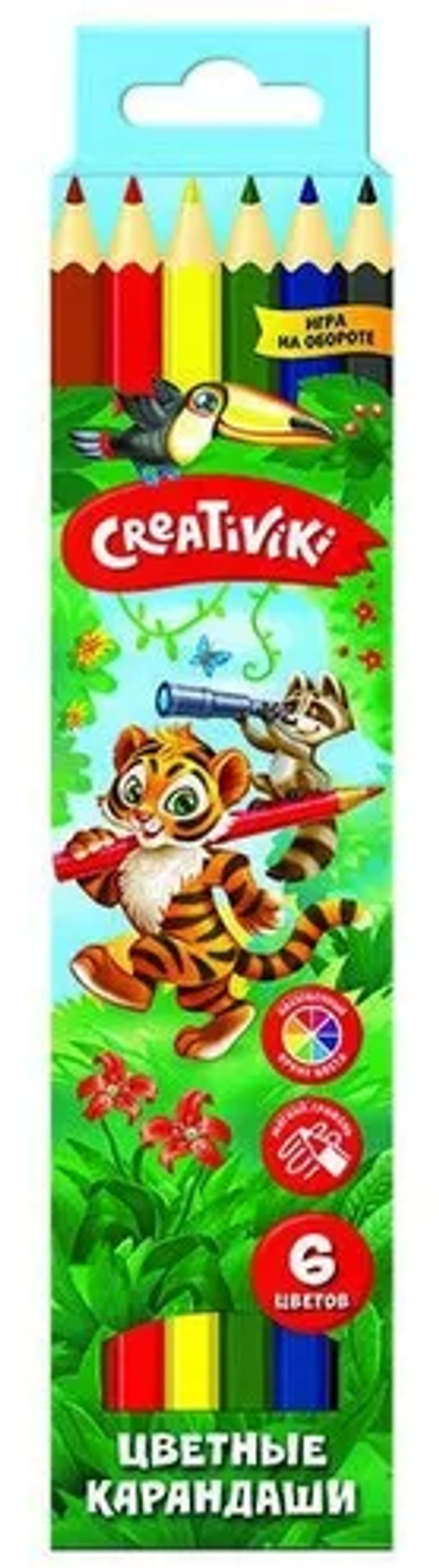 Карандаши цветные Креативики 6 цветов шестигранные/дерево