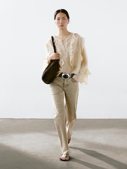 Massimo Dutti Блуза из струящейся ткани с воланами, бежевый/зеленый