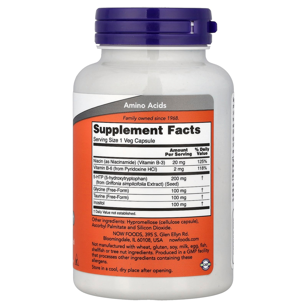 NOW Foods, 5-HTP с глицином, таурином и инозитолом, 120 растительных капсул