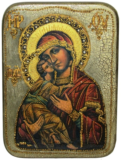 Инкрустированная икона Образ Божией Матери Владимирской 29х21см на натуральном дереве в подарочной коробке