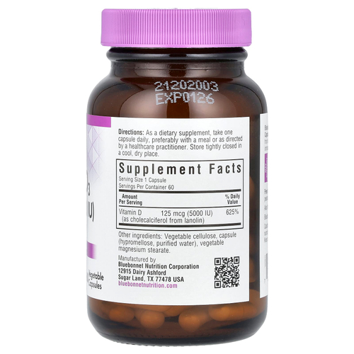 Bluebonnet Nutrition, витамин D3, 125 мкг (5000 МЕ), 60 вегетарианских капсул