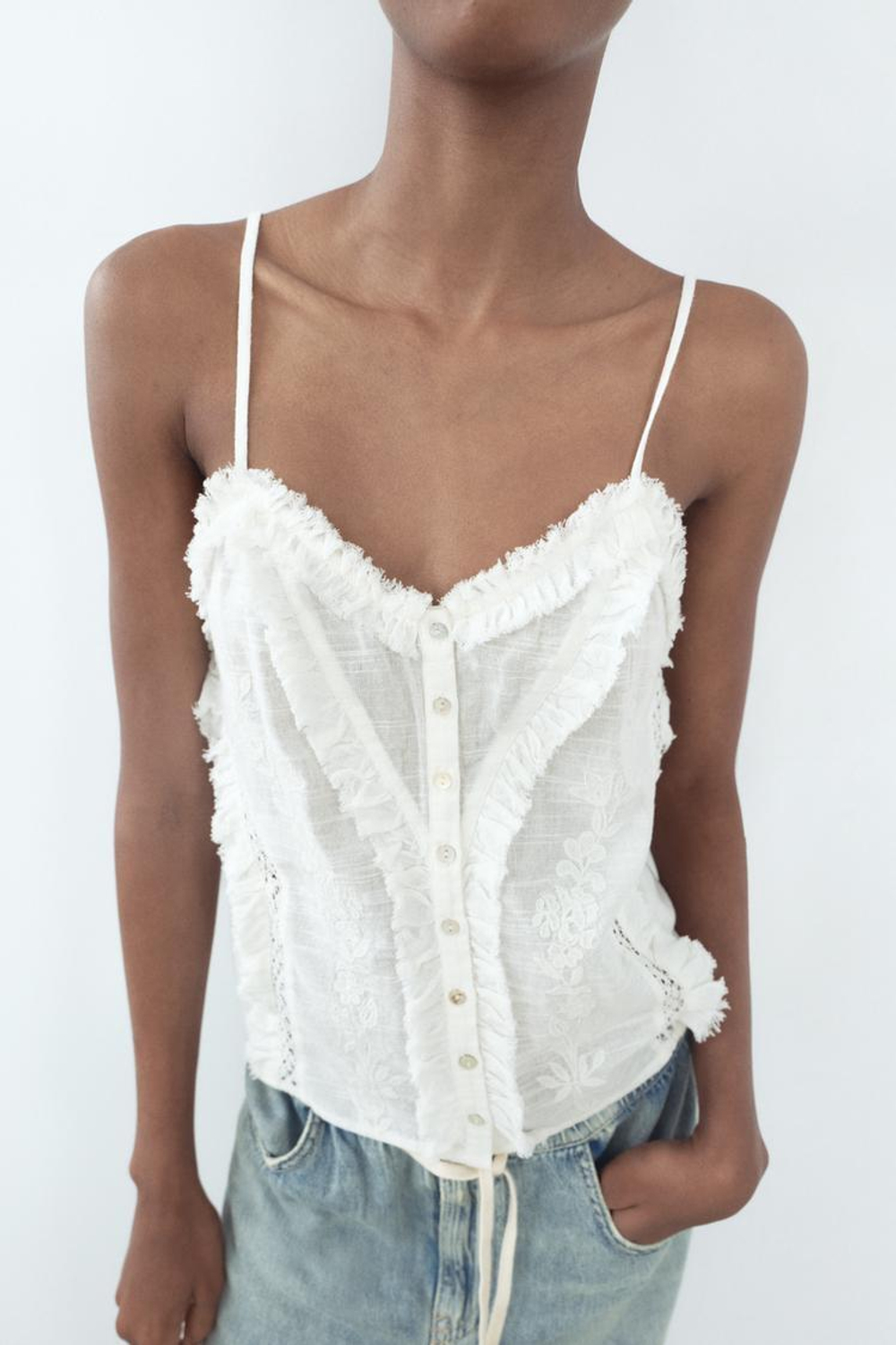 ZARA ТОП ИЗ ХЛОПКОВОГО МУСЛИНА С ВЫШИВКОЙ, ЖЕЛТОВАТО-БЕЛЫЙ