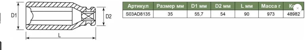 Головка торцевая JONNESWAY S03AD8135, ударная, глубокая, 1", 35мм