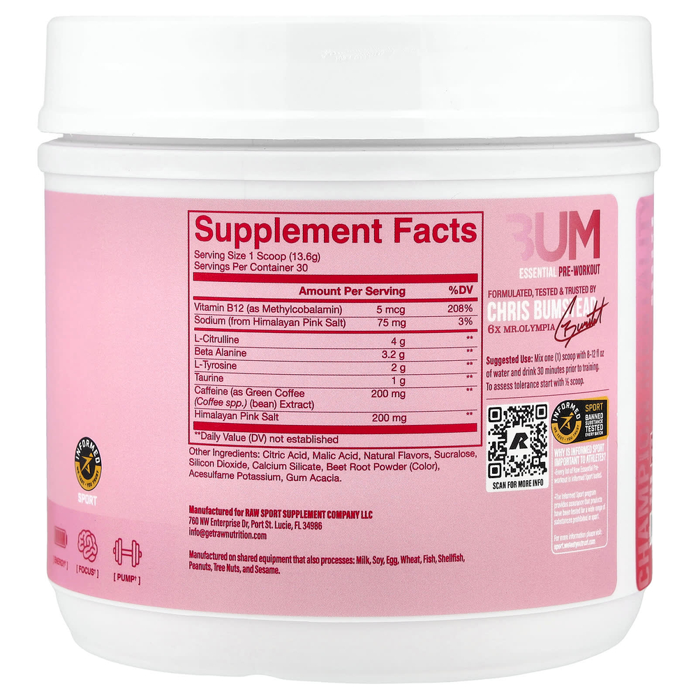 Raw Nutrition, Bum Essentials, предтренировочный комплекс, со вкусом малины и кремовой пасты, 408 г (14,39 унции)