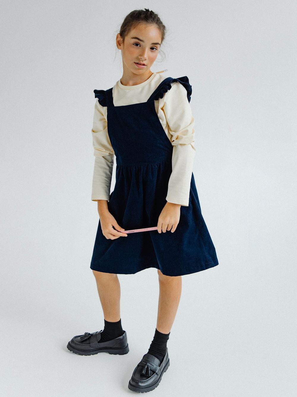 Сарафан из микровельвета с крылышками темно-синего цвета