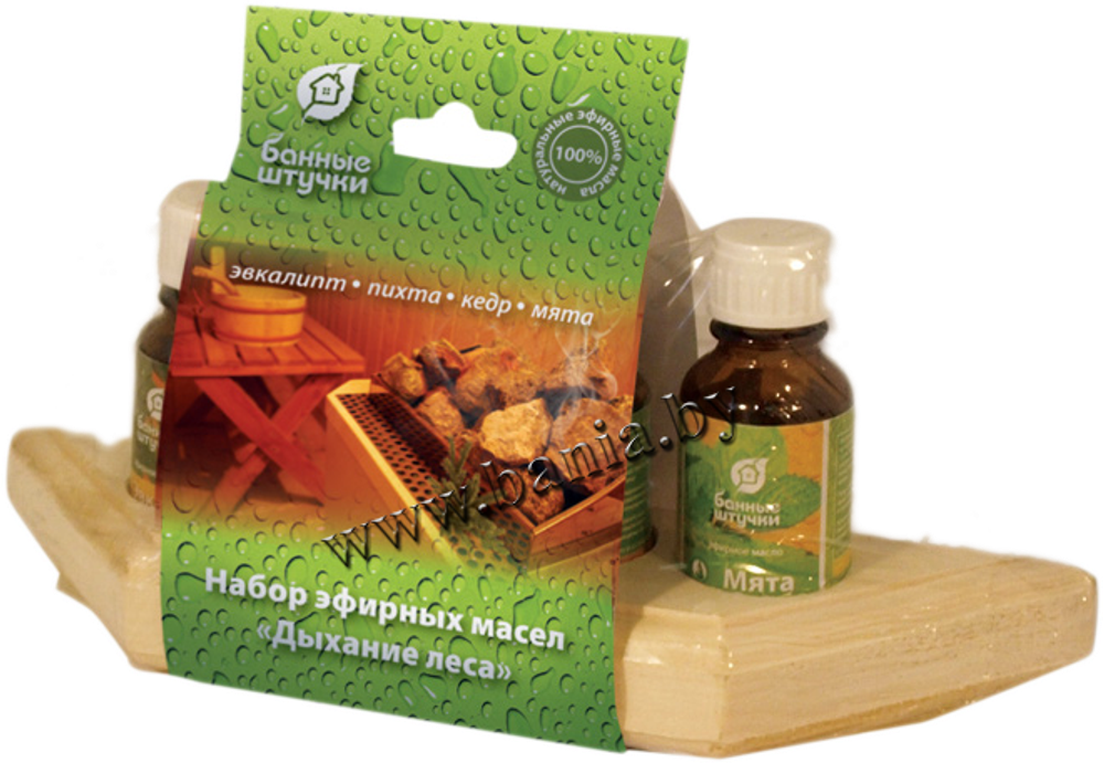 Набор эф.масел Дыхание леса (эвкалипт,пихта,кедр,мята) 4 масла по 15мл на дерев.полочке