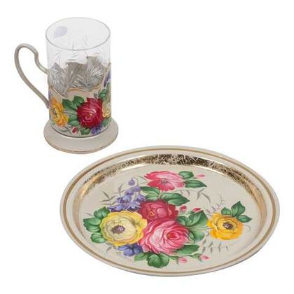 Set of tea glass holder and a zhoatovo metal tray 22 см  SET22D10052023001