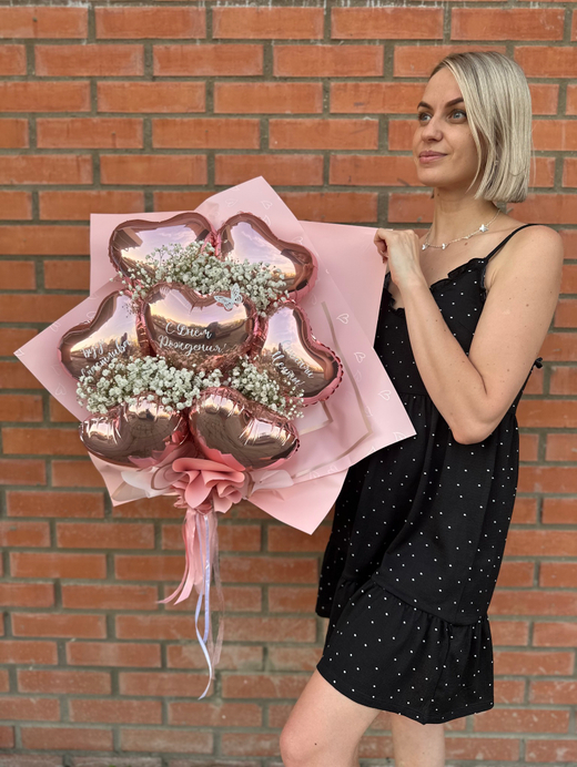 Букет из сердец фольга с гипсофилой №3782