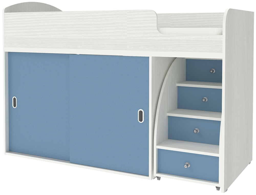 Кровать-чердак КарИВи Малыш Купе Белое Дерево Светло-синий, голубой