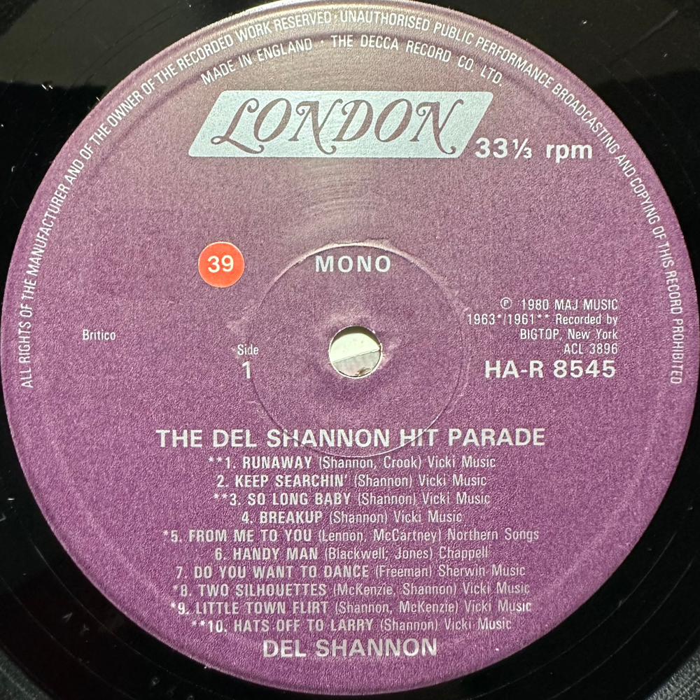 Del Shannon - The Del Shannon Hit Parade (Англия 1980г.)