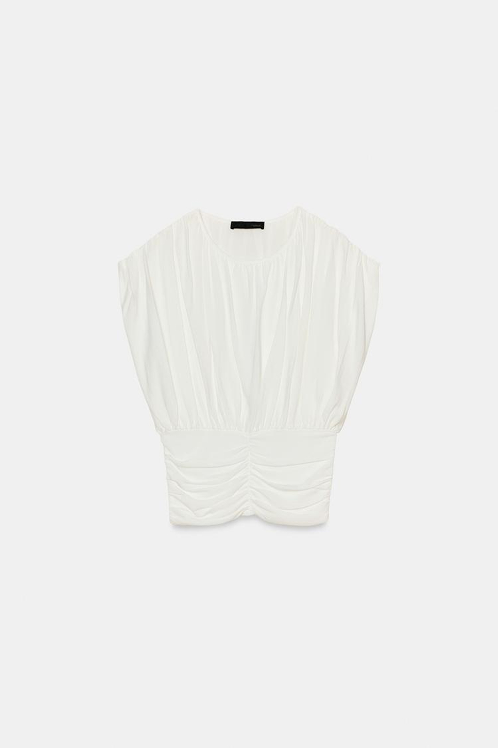 ZARA ТРИКОТАЖНЫЙ ТОП СО СБОРКАМИ, БЕЛЫЙ