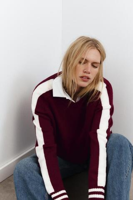 ZARA ТРИКОТАЖНЫЙ СВИТЕР С КАНТАМИ, БОРДОВЫЙ