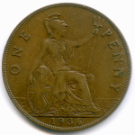 1 пенни 1936 год. Великобритания (Георг V). Бронза, диаметр 30.8 мм. VF-XF