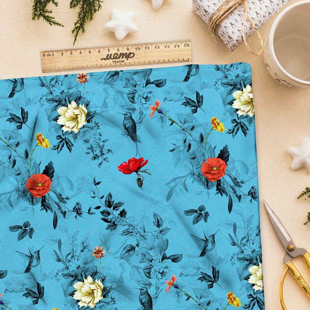 Ткань таффета монохромные цветы на голубом
