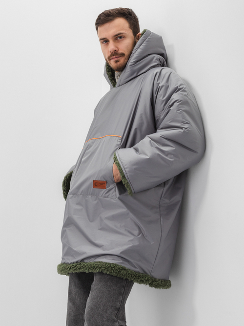 Худи мужское непромокаемое оверсайз на меху из натуральной овечьей шерсти, верх дьюспо серый