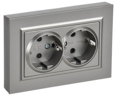 BRITE Розетка 2-местная с заземлением с защитными шторками плоская 16А в сборе РСшПл12-3-БрС сталь IEK