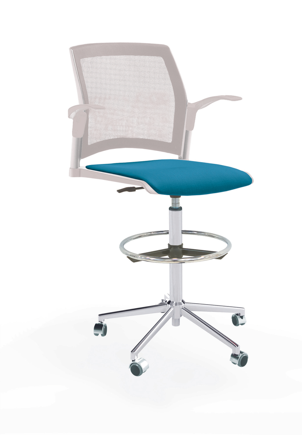 Кресло Rewind каркас хром, пластик белый, база стальная хромированная, с открытыми подлокотниками, сиденье лазурное, спинка-сетка