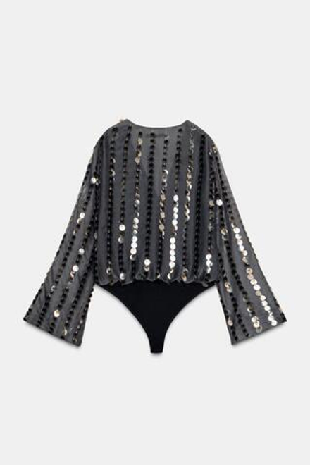 ZARA БОДИ С ПАЙЕТКАМИ, СВИНЦОВЫЙ