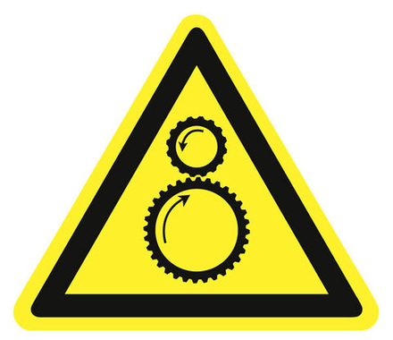 Знак на пластике W-29 "Осторожно. Возможно затягивание между вращающимися элементами"