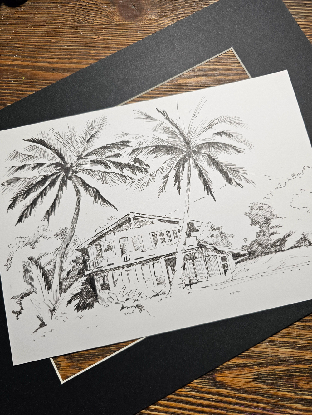 Картина, графика в паспарту 21х30 см на стену для интерьера "Бунгало"