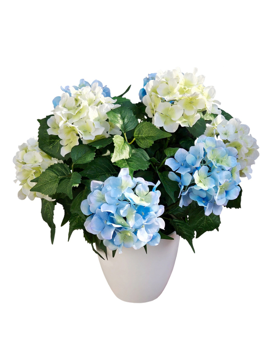 Искусственные цветы Гортензия бело-голубая густая 40см в белом кашпо