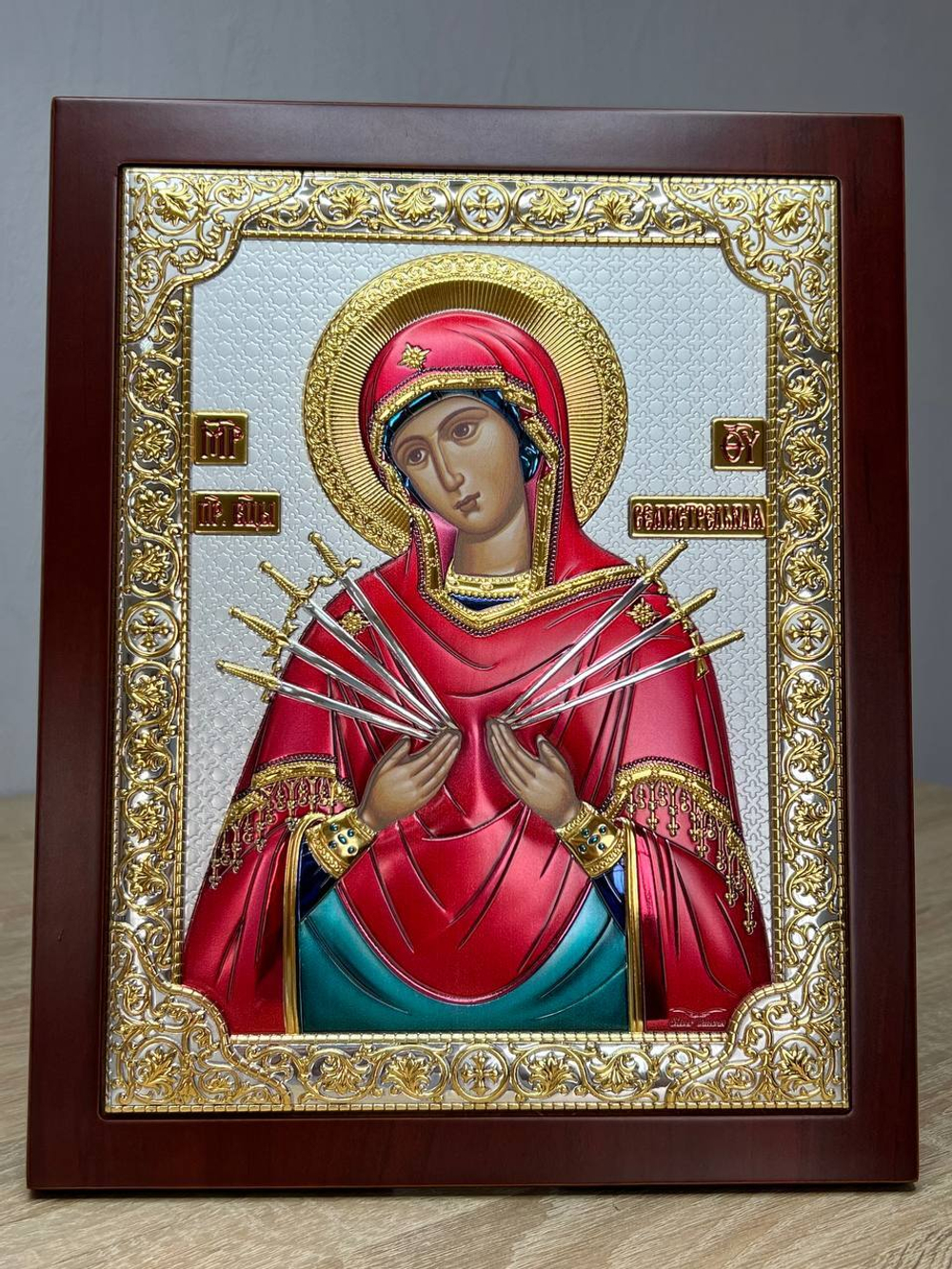 Семистрельная БМ, икона прямоугольная с рамкой, красное дерево, эмаль 210х260