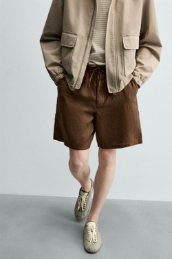 ZARA ШОРТЫ RELAXED FIT ИЗ 100% ЛЬНА, КОРИЧНЕВЫЙ