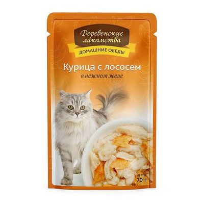 Влажный корм "Деревенские лакомства" для кошек из курицы с лососем в нежном желе, пауч 70г