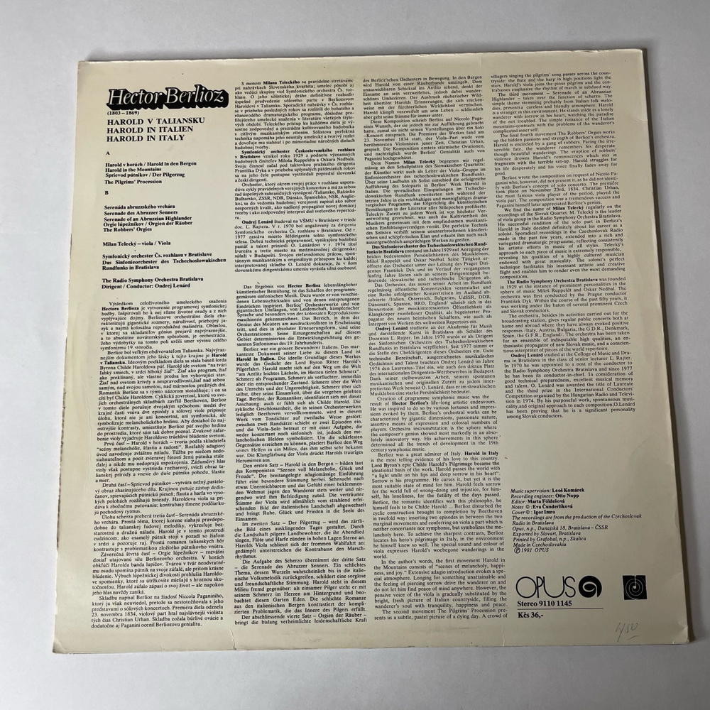 Винтажная виниловая пластинка LP H. Berlioz Берлиоз, Harold In Italy, Гарольд В Италии (Чехословакия 1982)
