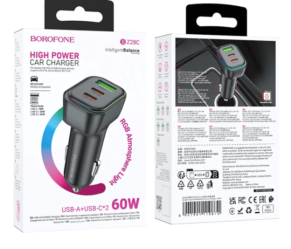 Автомобильное зарядное устройство Borofone BZ28C PD60W+QC3.0 2xType-C+USB Black