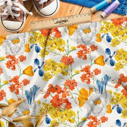 Ткань муслин яркие полевые цветы на белом фоне