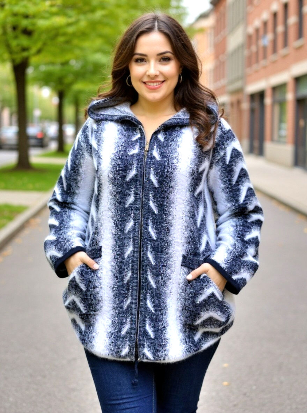 Кардиган женский Альпака, размер 60-68, цвет синий с белым