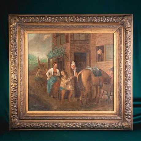 Винтаж: Антикварная картина «Встреча у таверны»