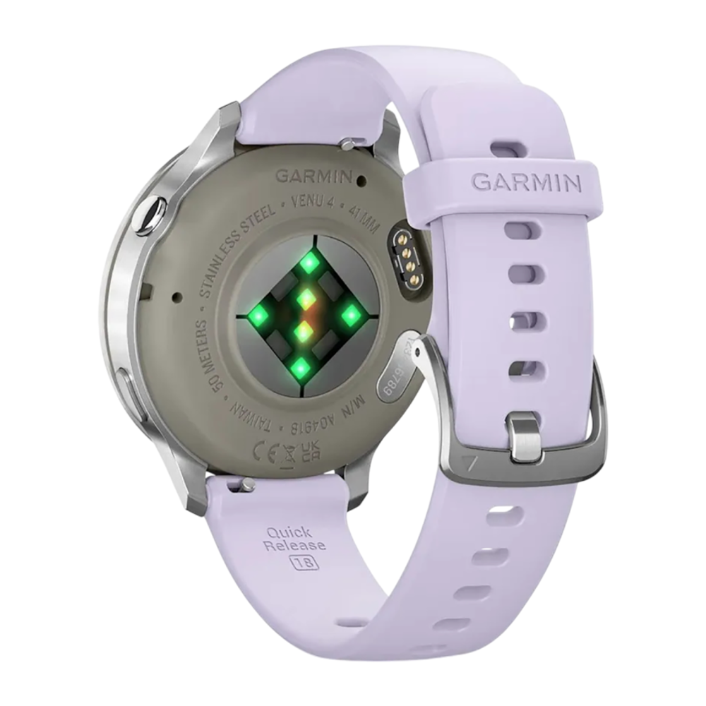 Спортивные часы Garmin Venu 4, 41 мм, силиконовый ремешок цвета «барвинка» Безель из нержавеющей стали серебристого цвета, корпус серебристого цвета, AMOLED-дисплей со стеклом Gorilla Glass. Ремешок с классической застёжкой — на запястье обхватом 110–175