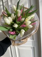 Букет из 25 тюльпанов белого и лавандового цвета