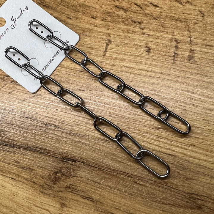 Серьги "Цепи" 8 звеньев плетение якорное овал металл графитовый 10,5 см