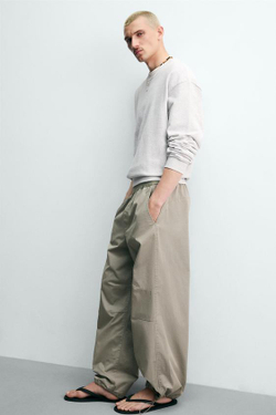 ZARA БРЮКИ-ПАРАШЮТ RELAXED FIT, СВЕТЛЫЙ ХАКИ
