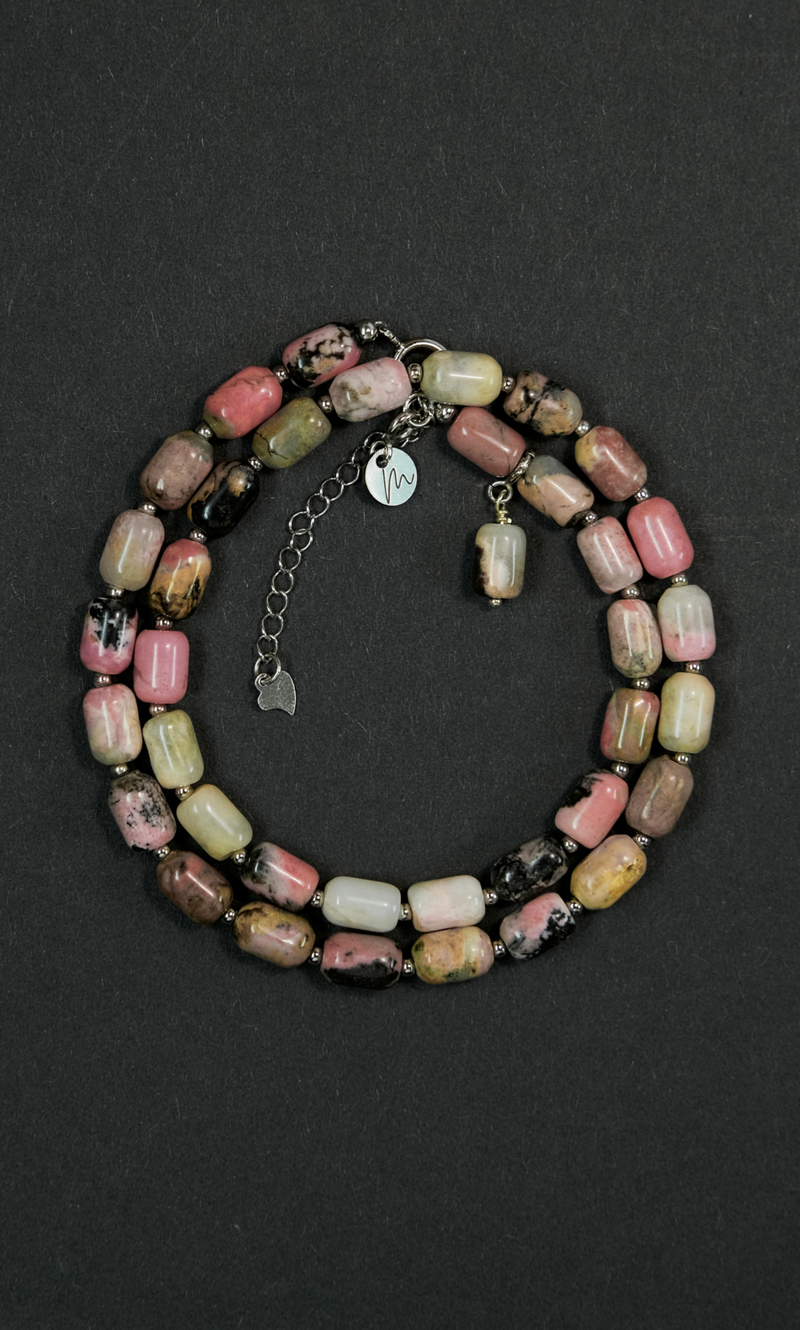 Чокер "Memo about Health" из цилиндрического родонита с серебряными бусинами 35 см