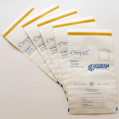 Пакет д/стерил. с индикат.пар-возд.1кл.,белая-бумага 150х250мм,100шт./упак.,Винар,самоклейка