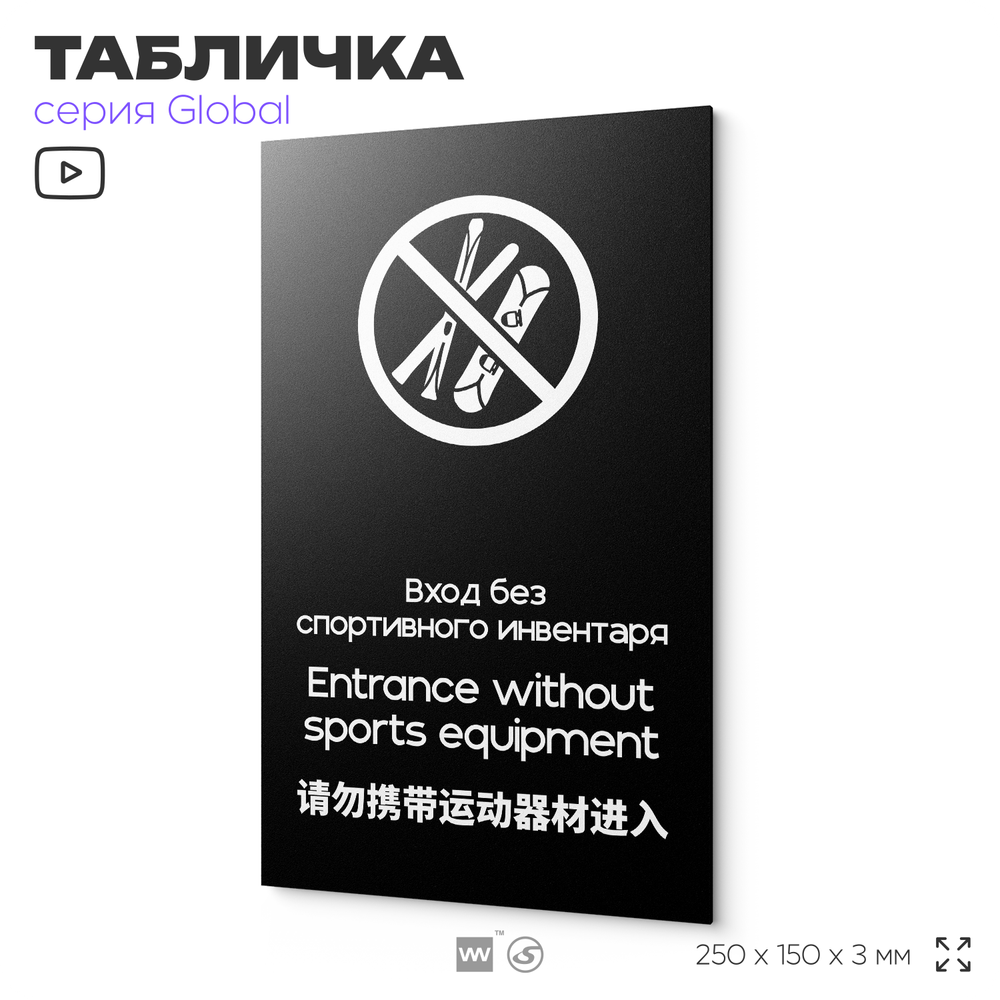 Табличка Вход со спортивным инвентарем запрещен, на дверь и стену, информационная и мультиязычная (русский, английский, китайский), серия GLOBAL, 25х15 см, Айдентика Технолоджи