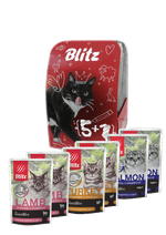 Набор Blitz Sensitive Ассорти 5 + 1 набор влажных кормов для взрослых кошек 0,085кг. В комплекте 6 шт