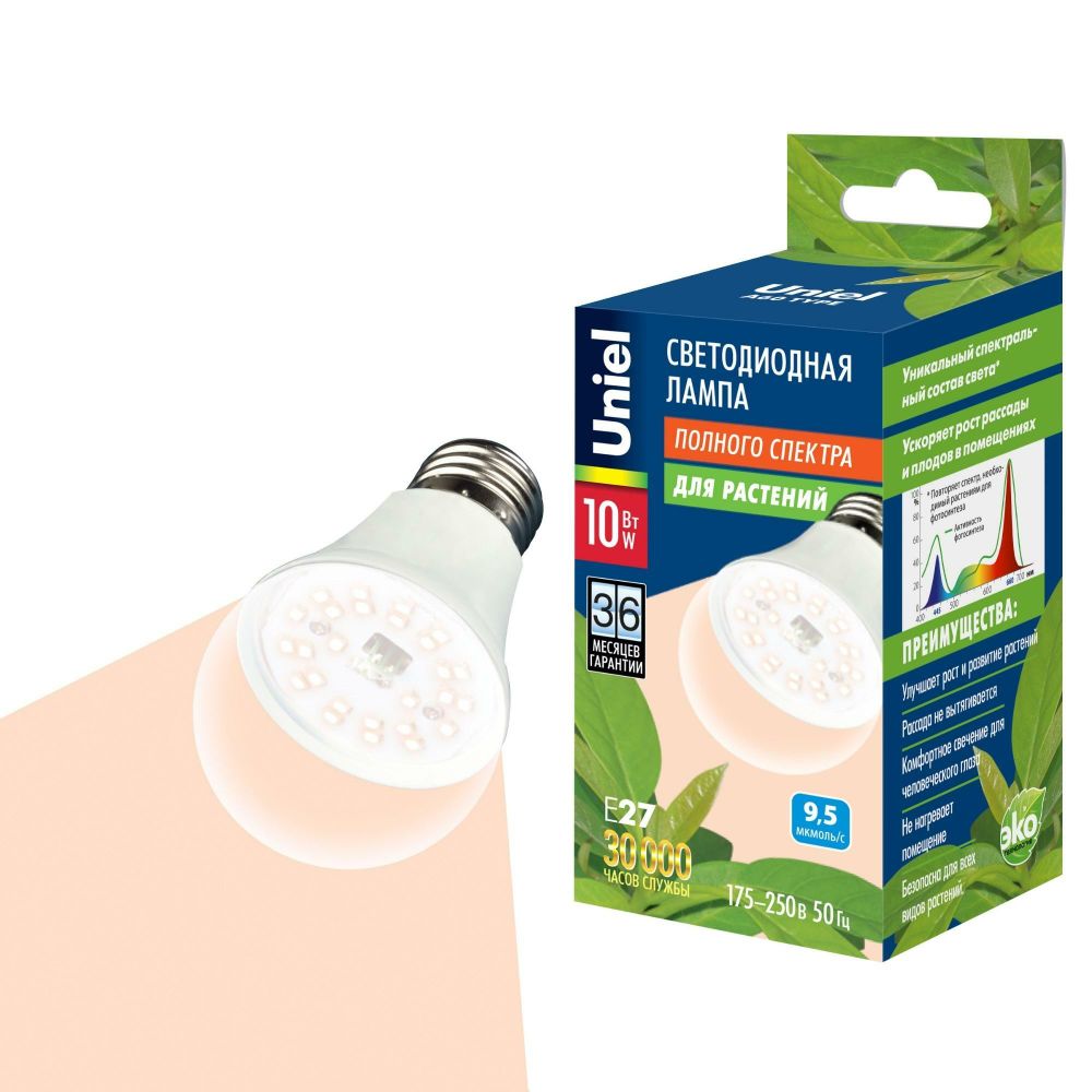 LED-A60-10W/SPFR/E27/CL PLP01WH Лампа светодиодная для растений. Форма A, прозрачная колба. Картон. ТМ Uniel