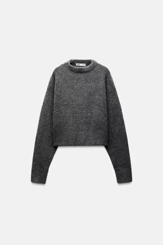 ZARA УКОРОЧЕННЫЙ СВИТЕР ИЗ МЯГКОЙ ТКАНИ, СЕРЫЙ