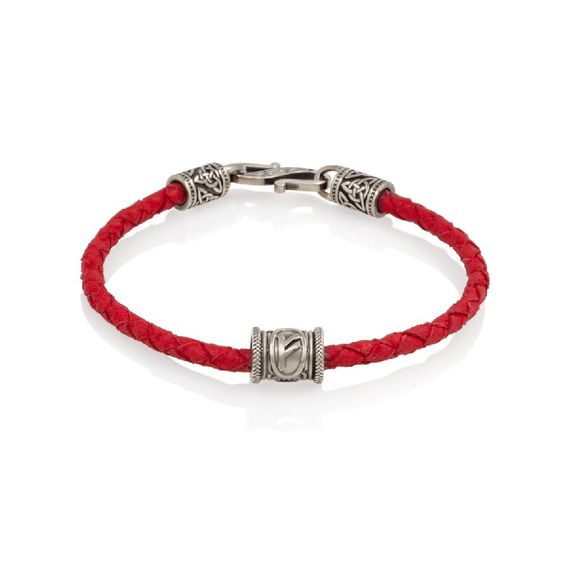 Браслет гайтан красный 3 мм с руной Феху Мельхиор, вид спереди