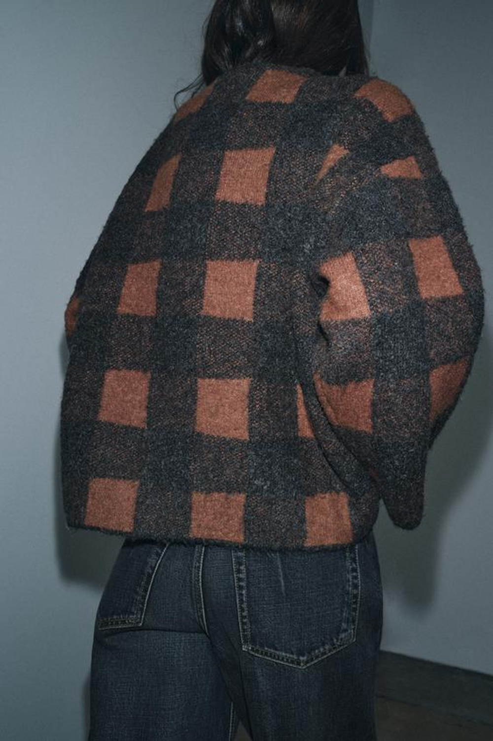 ZARA КАРДИГАН В КЛЕТКУ, СЕРЫЙ / НЕЖНО-КОРИЧНЕВЫЙ