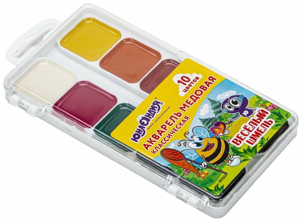 Краски акварельные ЮНЛАНДИЯ "ВЕСЁЛЫЙ ШМЕЛЬ", медовые, 10 цветов, КЛАССИЧЕСКИЕ, пластик, 191323
