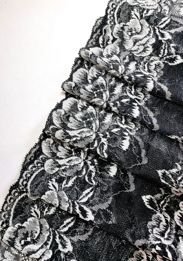 Кружево эластичное чёрное с серебристыми цветами К036