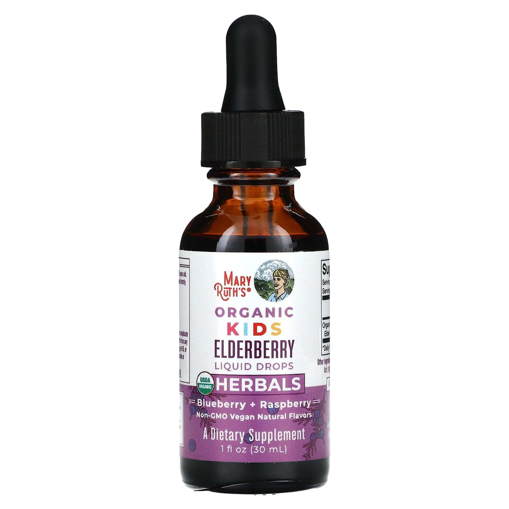 MaryRuth's, Organic, жидкие капли из бузины для детей, от 4 до 13 лет, голубика и малина, 75 мг, 30 мл (1 жидк. Унция)