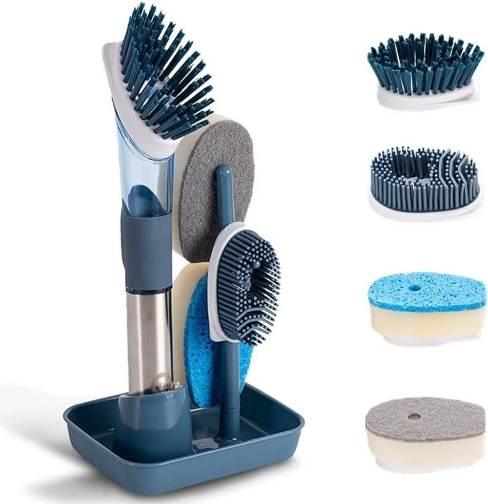 Щетка для мытья посуды, дозатор 4 насадки, кухонная, цвет серый