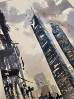 Картина авторская акварельная в паспарту 30х40 см на стену для интерьера "Урбанистический пейзаж"